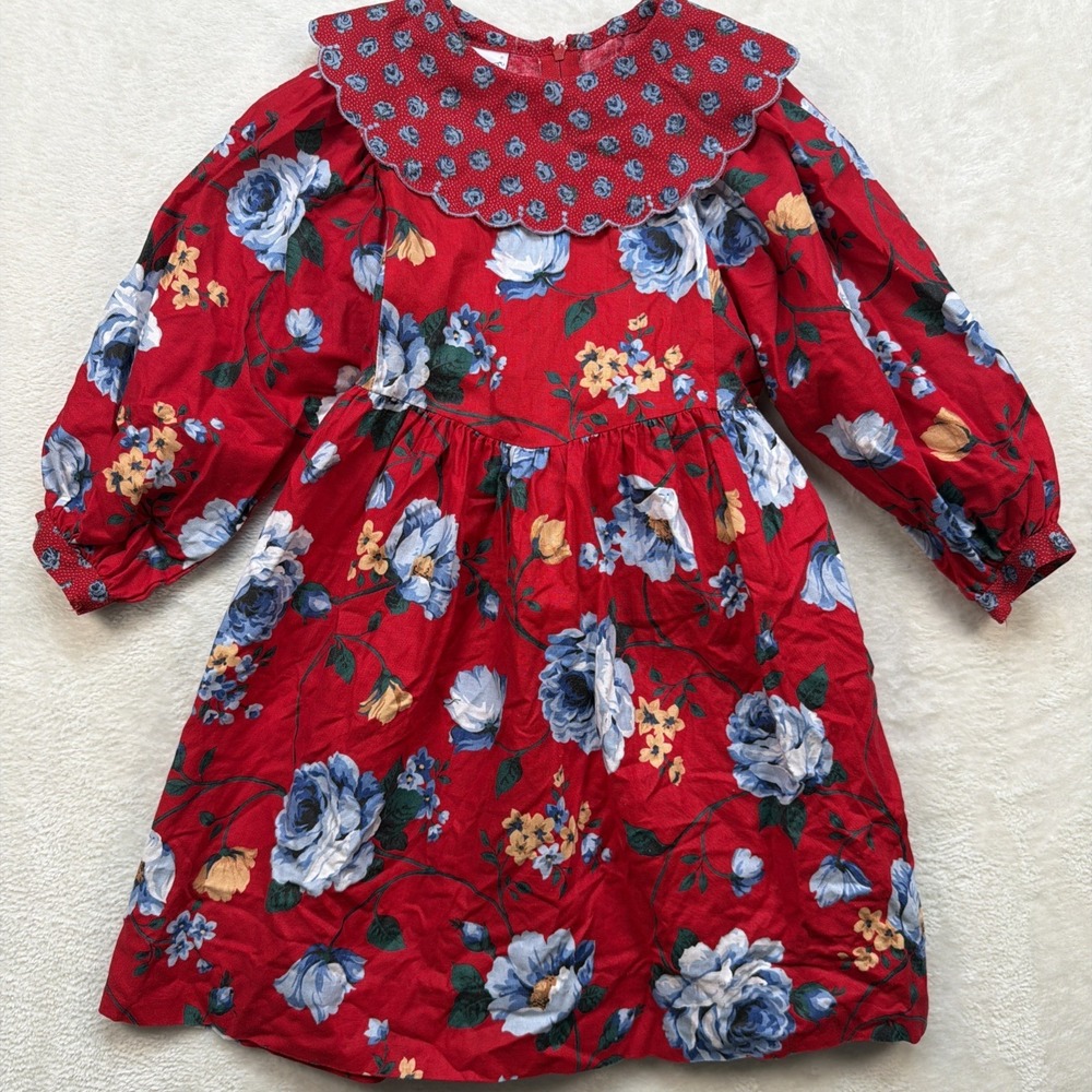 Vintage Polly Flinders Red Floral Smocked Dress Girls 4T Prairie Cottagecore
